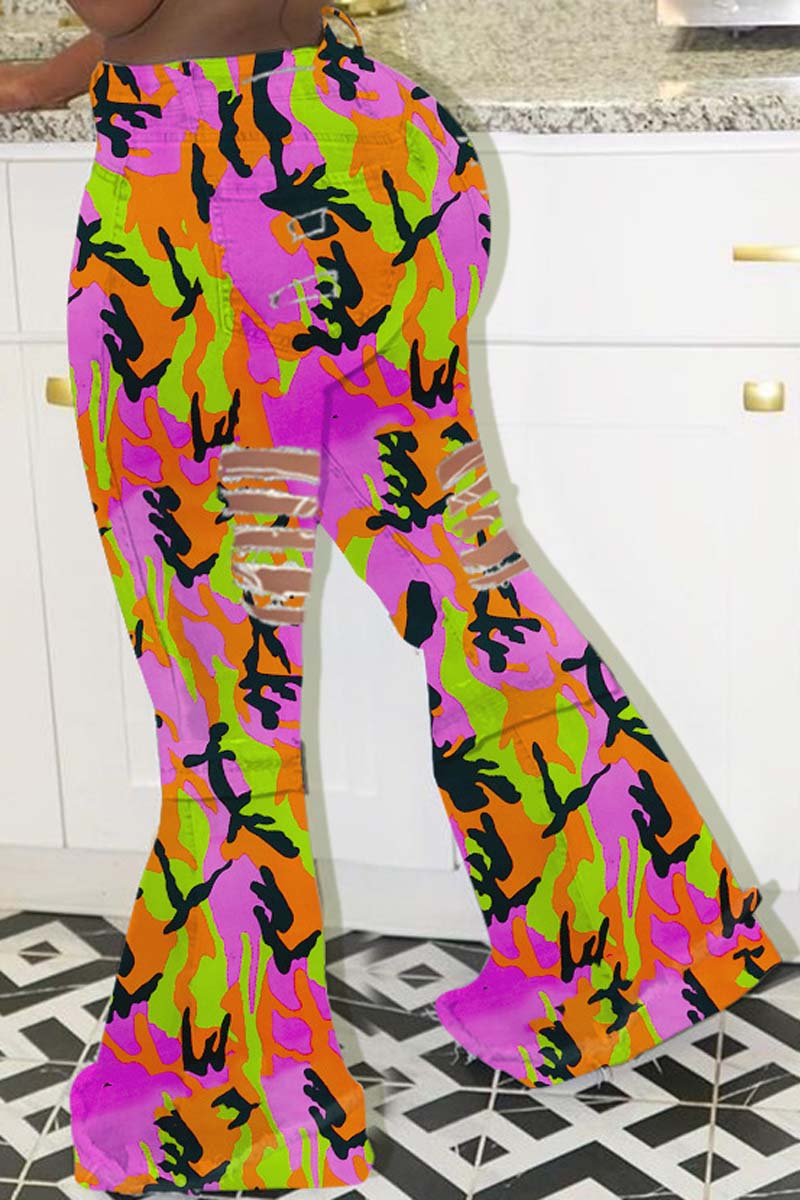 Plus Size Denim Camouflage Print Hole Flared Jeans