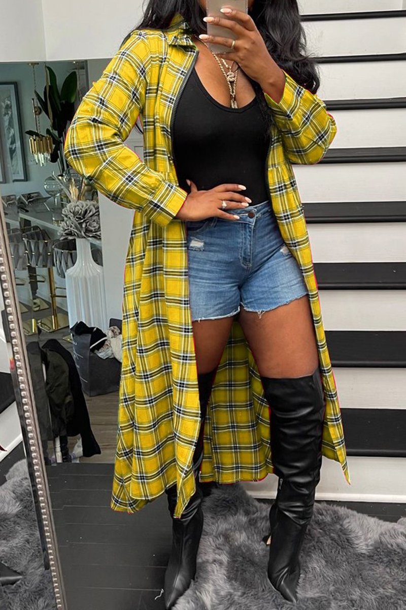 Plaid Print Zipper Long Sleeve Casual Long Coat