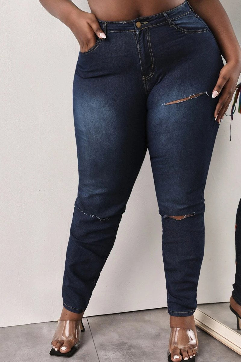 Plus Size Denim Back Colorful Bandage Hole Jeans