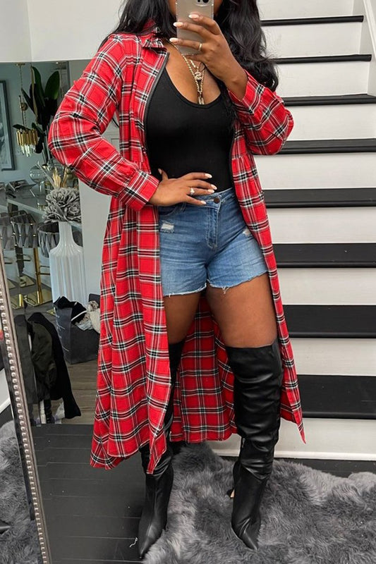 Plaid Print Zipper Long Sleeve Casual Long Coat
