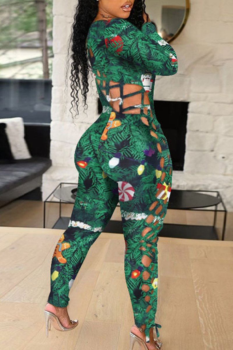 Plus Size Christmas Print Bandage Casual Jumpsuit