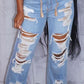 Plus Size Denim Hole Distressed Wide Leg Tassel Jeans