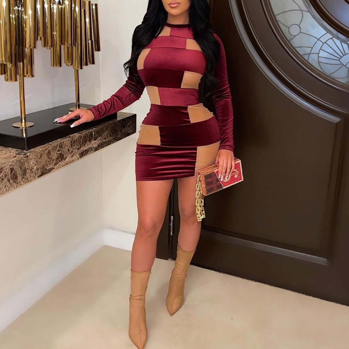 Pleuche Mesh Panel Round Neck Long Sleeve Dress
