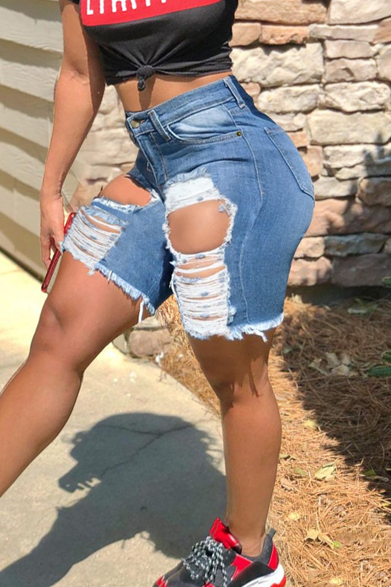 Plus Size Burrs Denim Hole Ripped Shorts