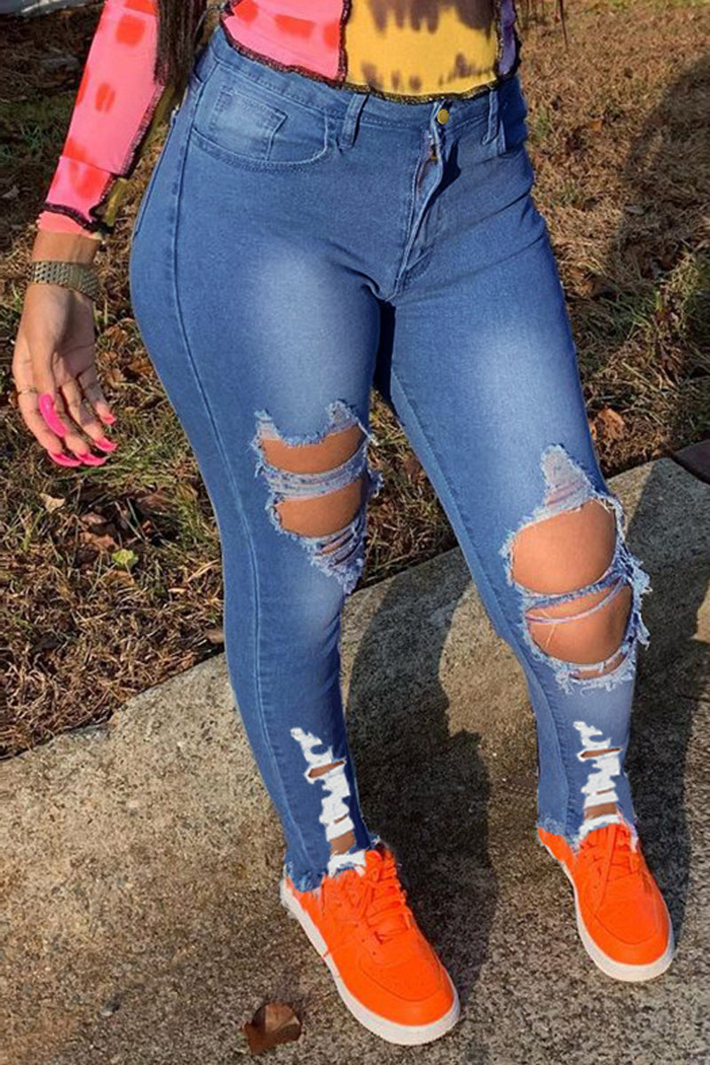 Plus Size Denim Hole Distressed Skinny Jeans