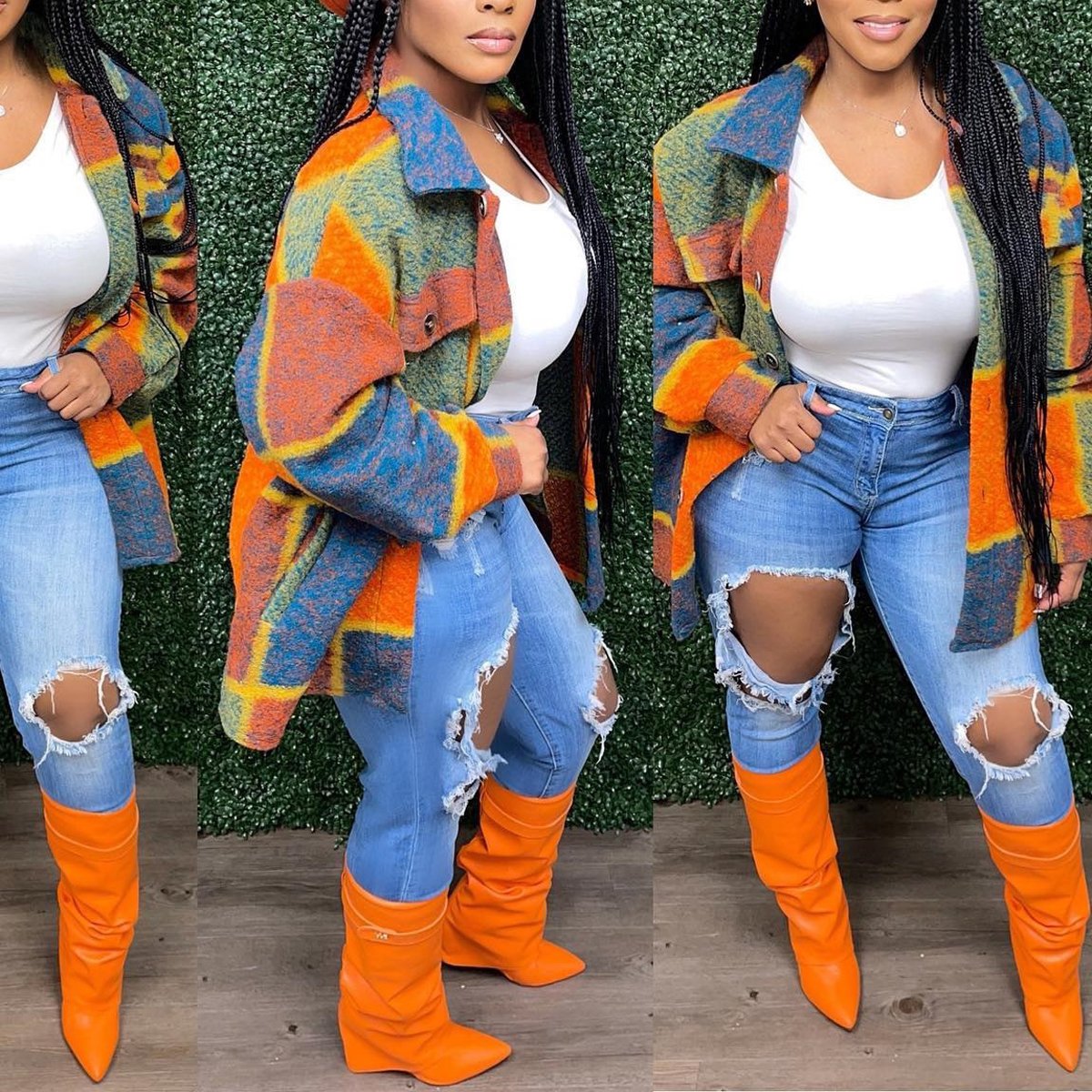 Plus Size Color Patchwork Wide Lapel Button Coat