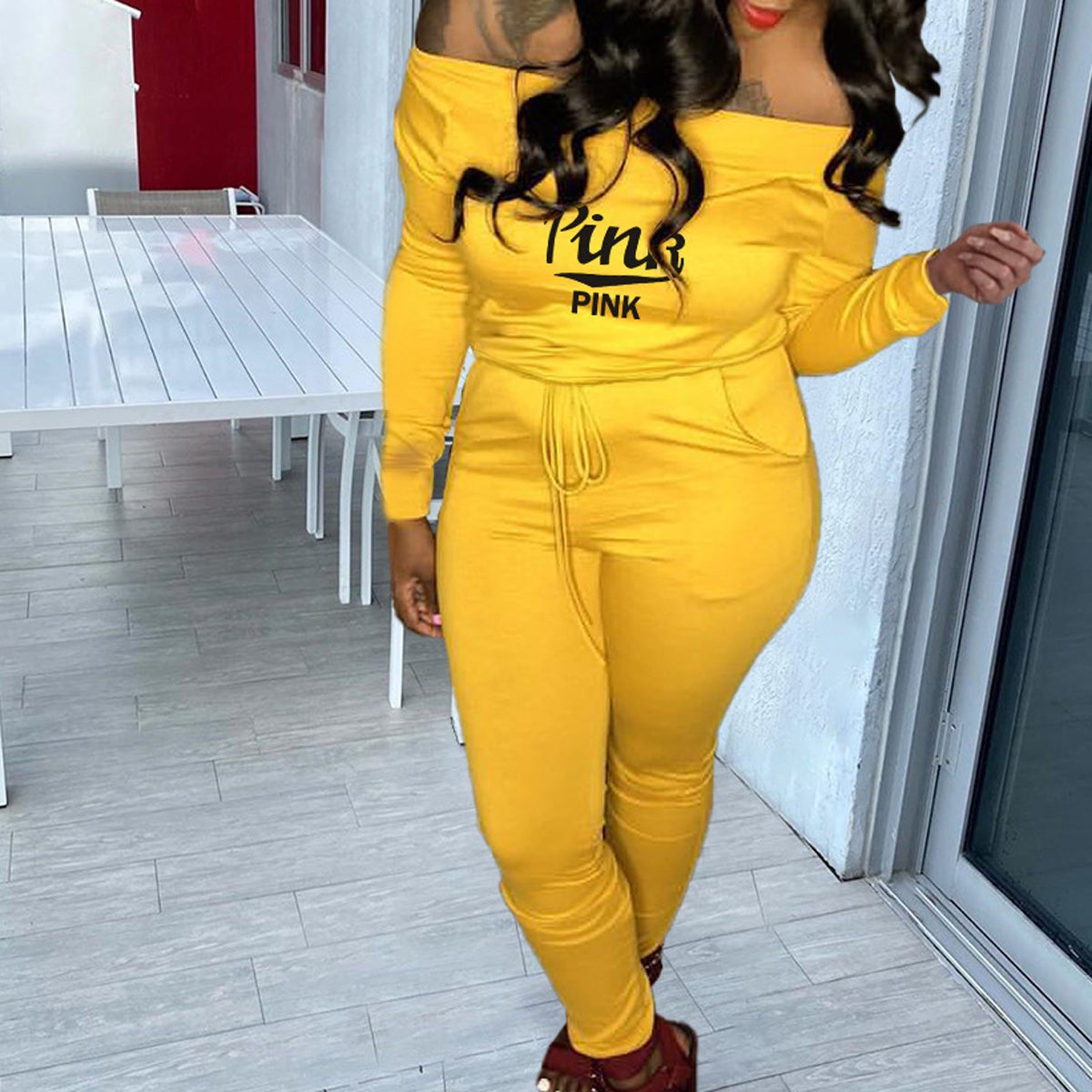Plus Size Boat Neck Letter Print Two Piece Sets