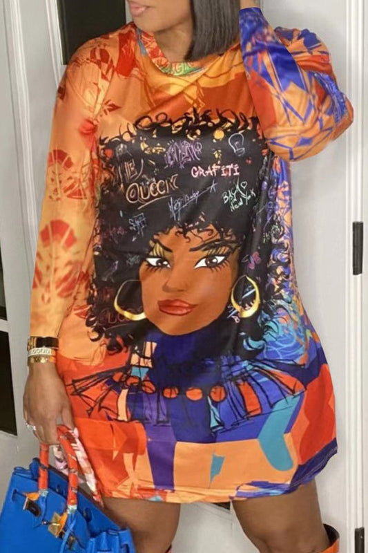 Plus Size Digital Print Long Sleeve Mini Dress