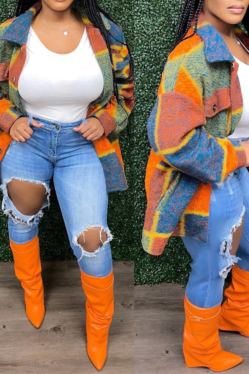 Plus Size Color Patchwork Wide Lapel Button Coat