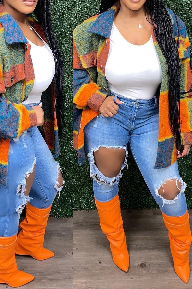 Plus Size Color Patchwork Wide Lapel Button Coat