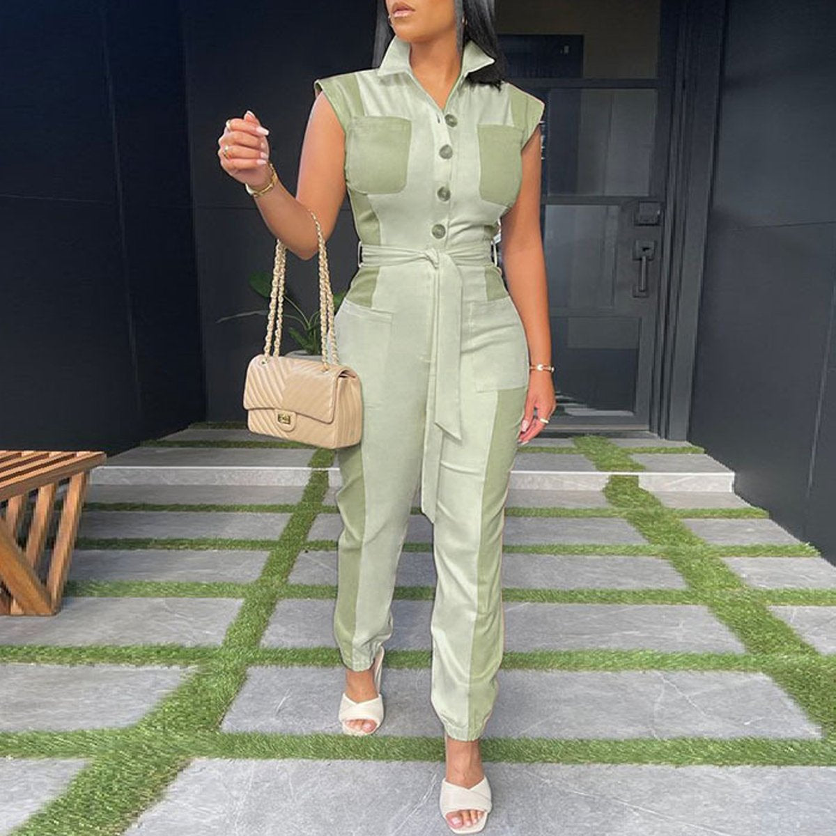 Plus Size Color Patchwork Sleeveless Belted Jumpsuit