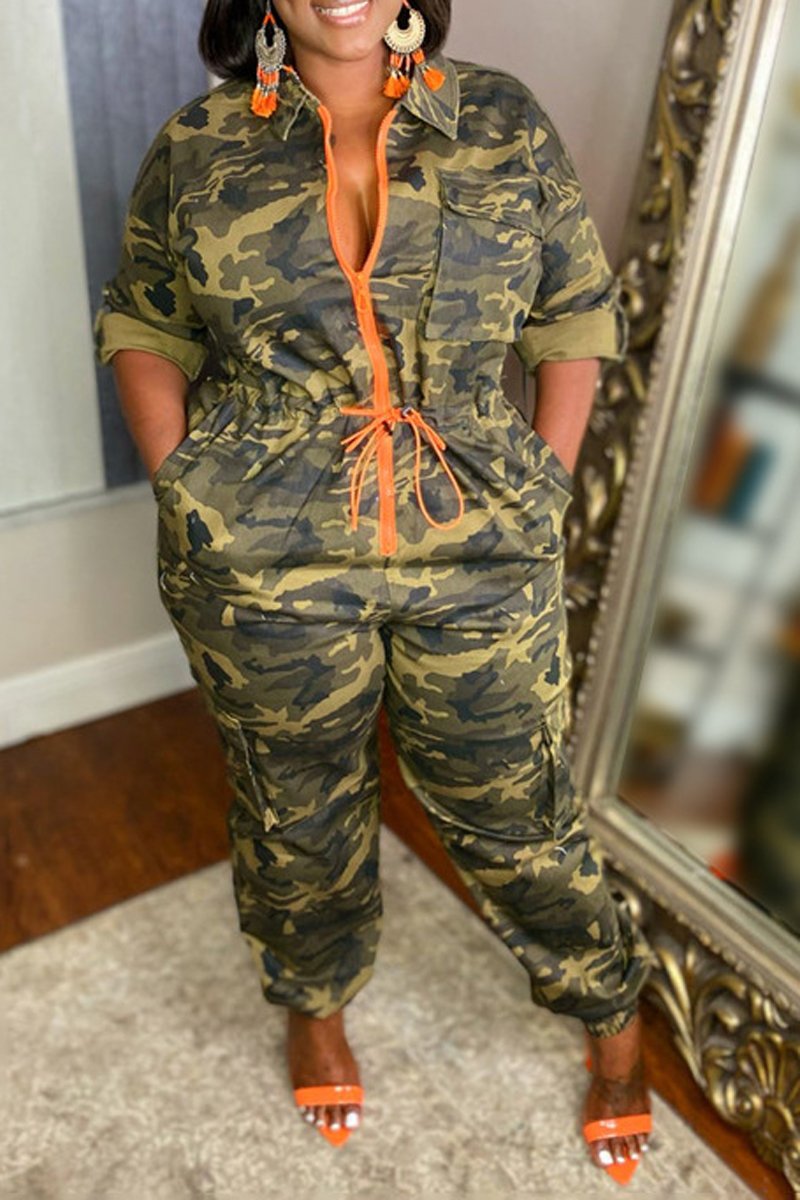 Plus Size Camouflage Print Zipper Drawstring Jumpsuit