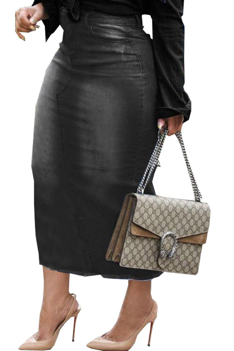 Plus Size Denim High Waist Back Slit Skirt