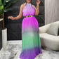 Pleated Gradient Color Hang Neck Maxi Dress