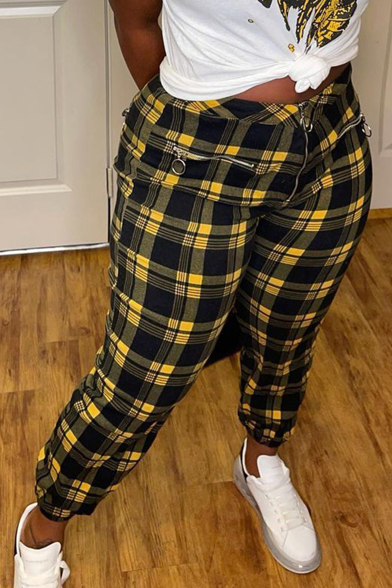 Plaid Print Zipper Pocket Long Pants