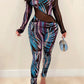 Plus Size Digital Print Mesh Panel Long Sleeve Jumpsuit