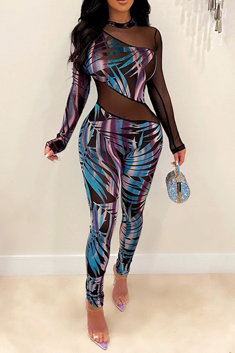 Plus Size Digital Print Mesh Panel Long Sleeve Jumpsuit