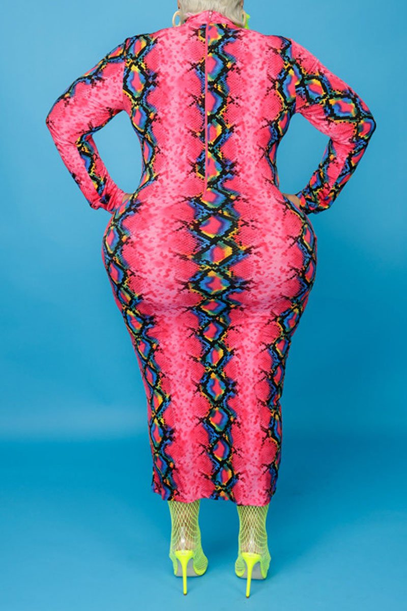 Plus Size Digital Print Long Sleeve Bodycon Dress