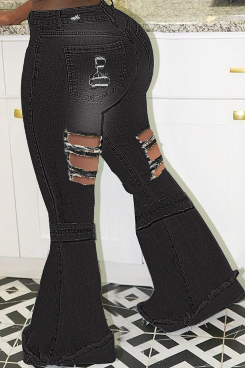 Plus Size Denim Camouflage Print Hole Flared Jeans