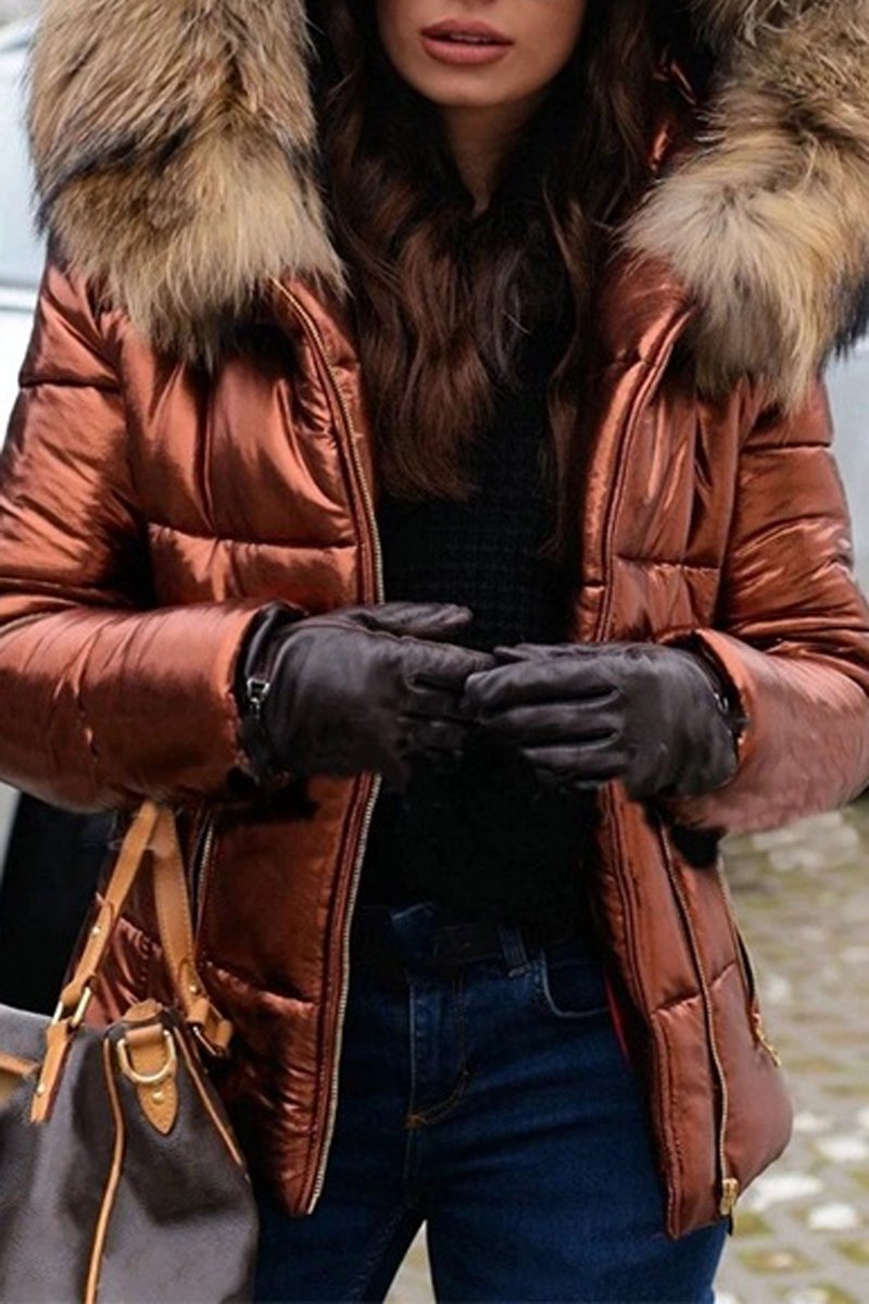 Plus Size Faux Fur Collar Hooded Zipper Down Coat