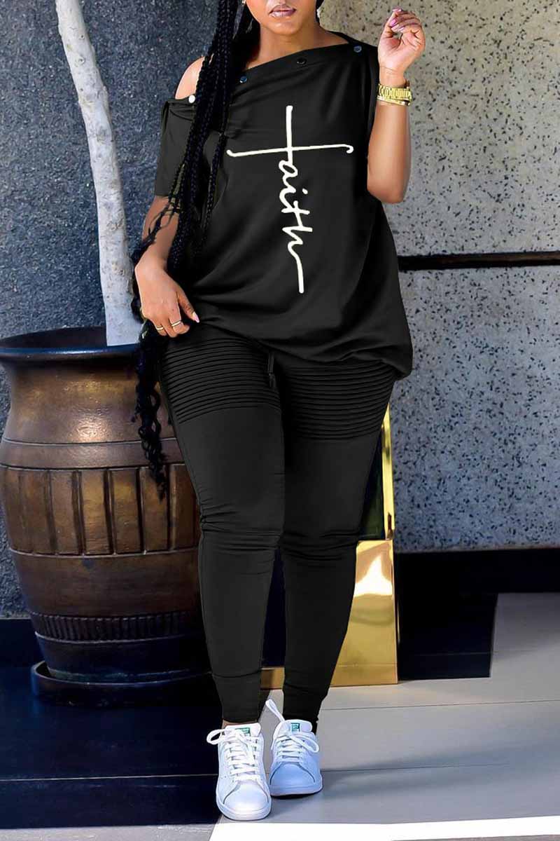 Plus Size Button Letter Print Wrinkled Two Piece Sets