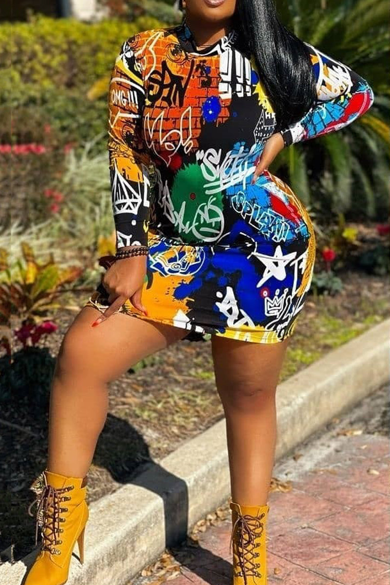 Plus Size Digital Print Bodycon Mini Dress