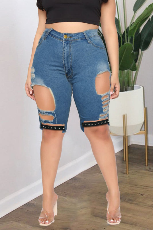 Plus Size Denim Hole High Waist Shorts
