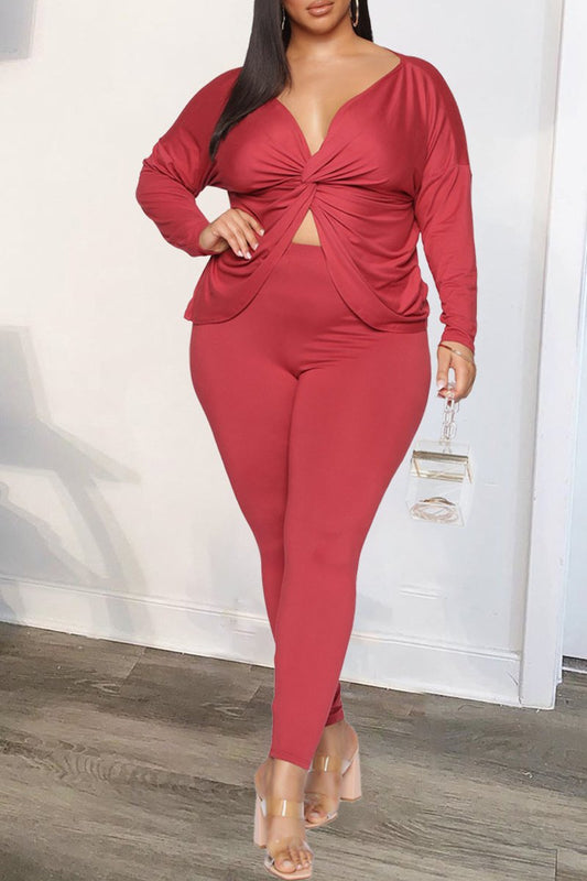 Plus Size Deep V-Neck Twisted Two Piece Sets