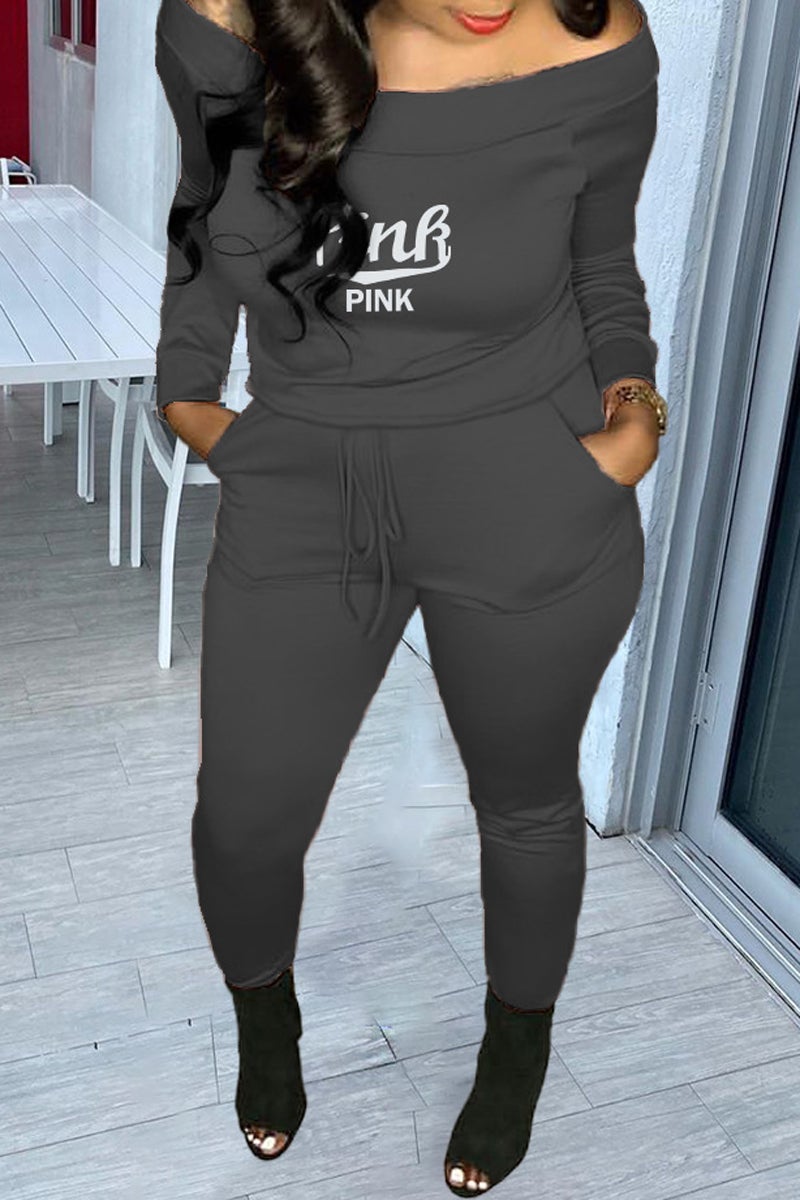Plus Size Boat Neck Letter Print Two Piece Sets
