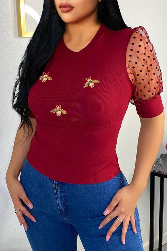 Plus Size Bee Print Polka Dot T-Shirt