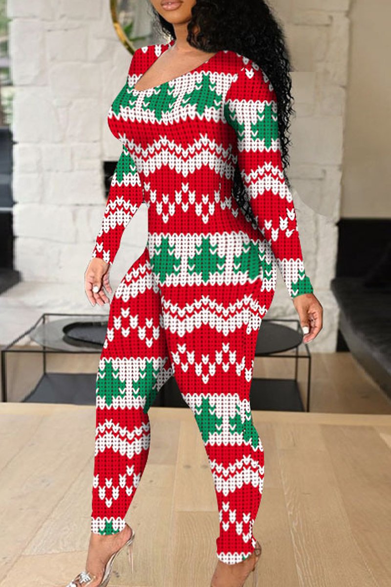 Plus Size Christmas Print Bandage Casual Jumpsuit