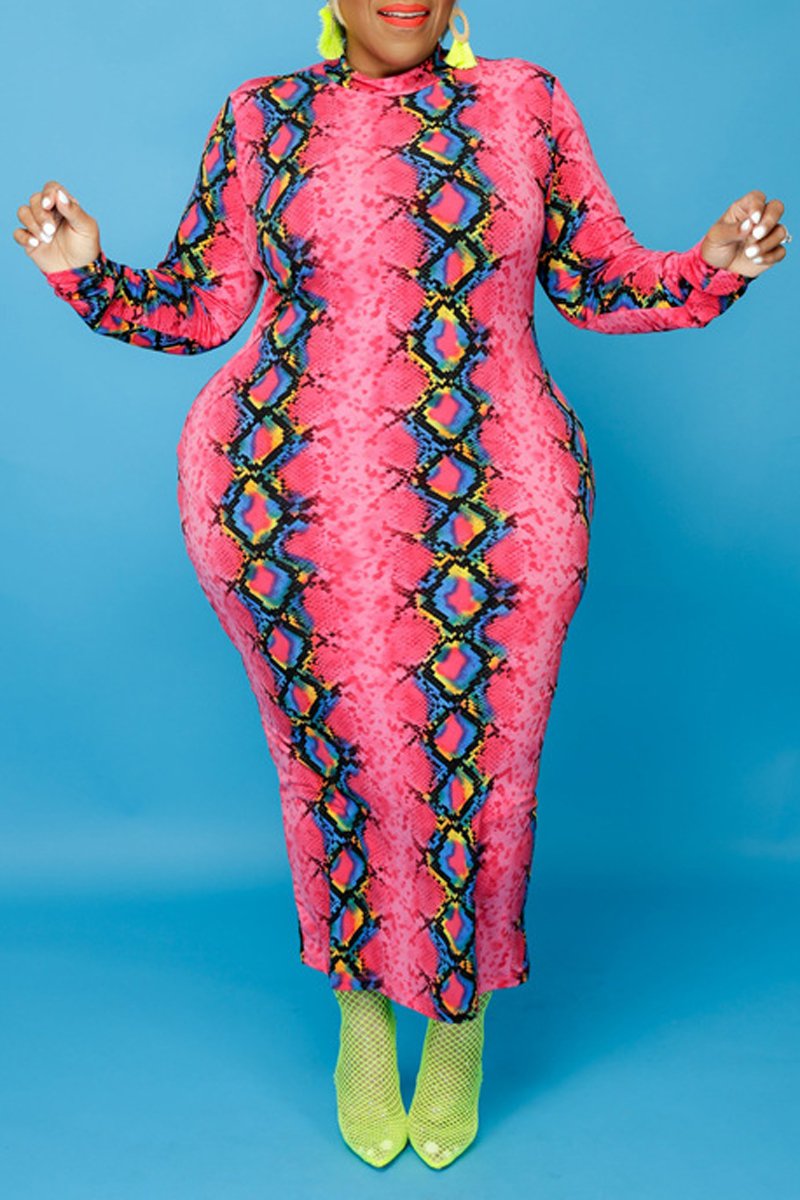 Plus Size Digital Print Long Sleeve Bodycon Dress
