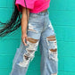 Plus Size Denim Hole Distressed Wide Leg Tassel Jeans