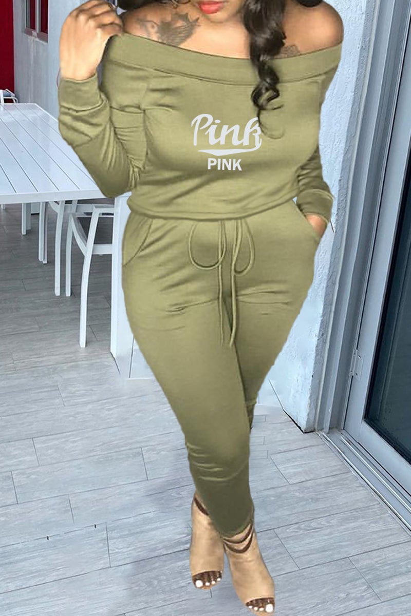 Plus Size Boat Neck Letter Print Two Piece Sets
