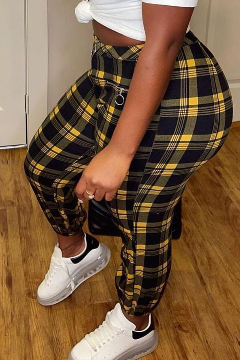 Plaid Print Zipper Pocket Long Pants