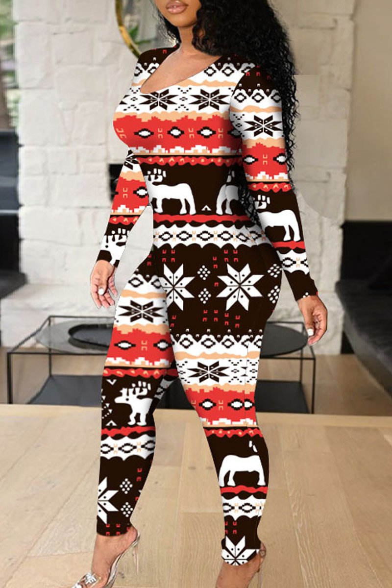 Plus Size Christmas Print Bandage Casual Jumpsuit