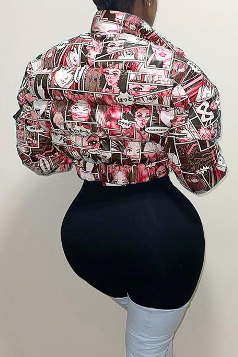 Plus Size Cartoon Print Zipper Collar Short Down Coat