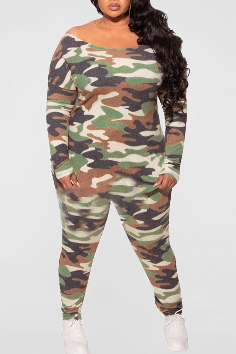 Plus Size Camouflage Print Irregular Two Piece Sets