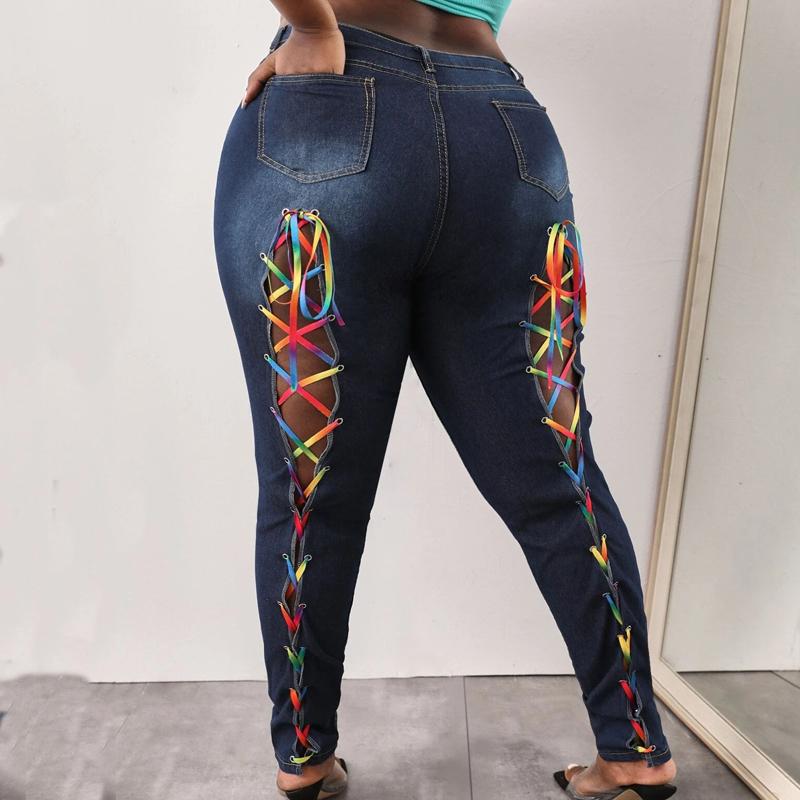 Plus Size Denim Back Colorful Bandage Hole Jeans