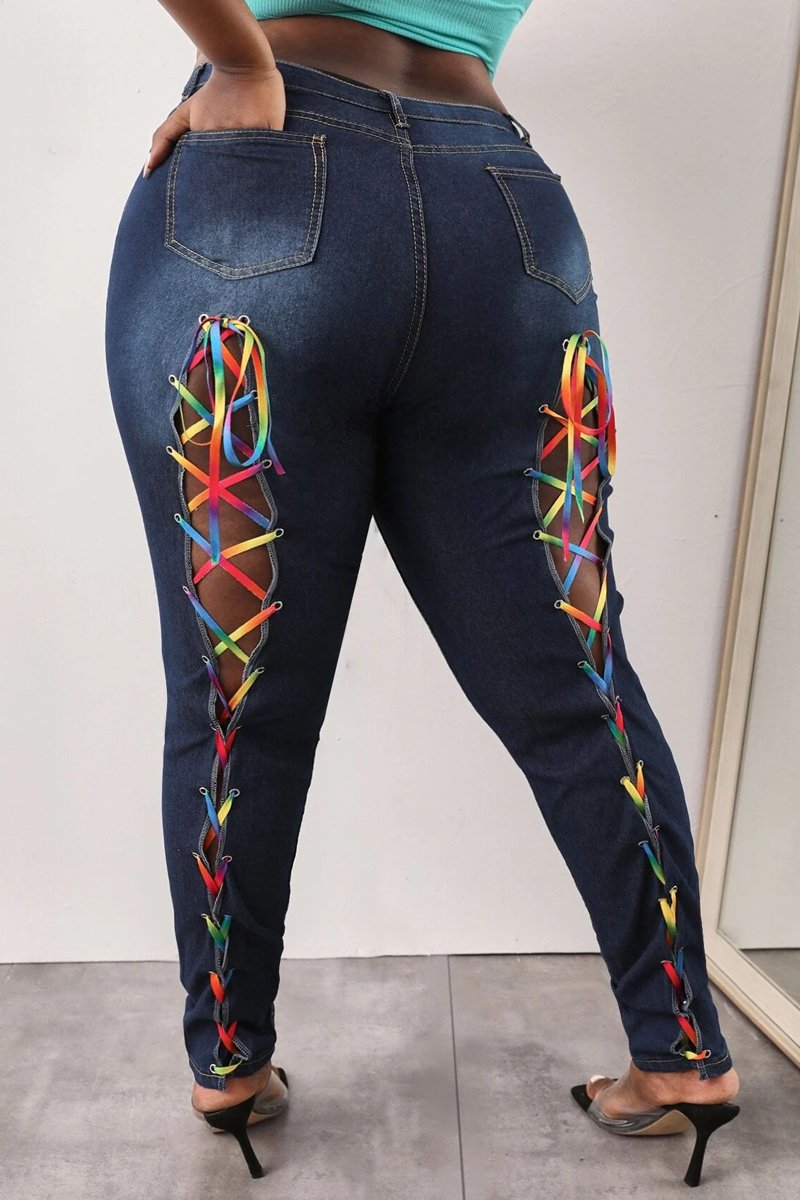 Plus Size Denim Back Colorful Bandage Hole Jeans