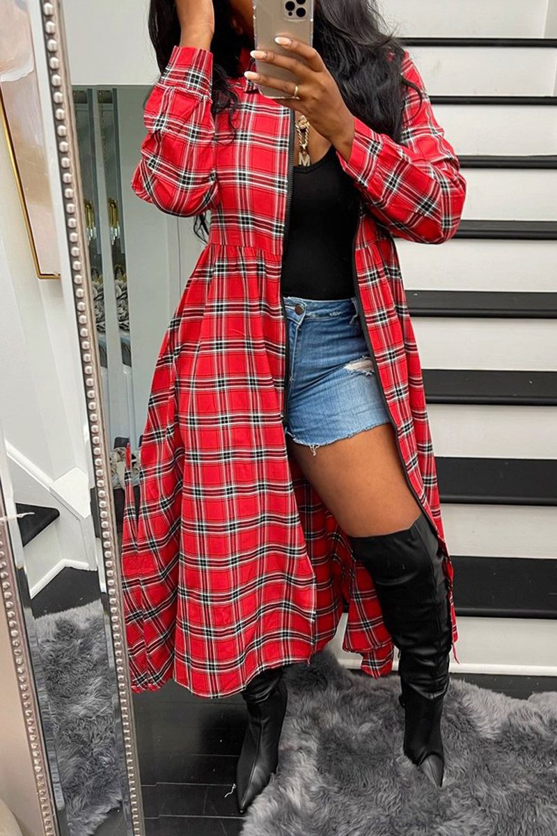 Plaid Print Zipper Long Sleeve Casual Long Coat