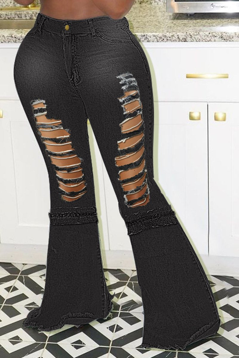 Plus Size Denim Camouflage Print Hole Flared Jeans