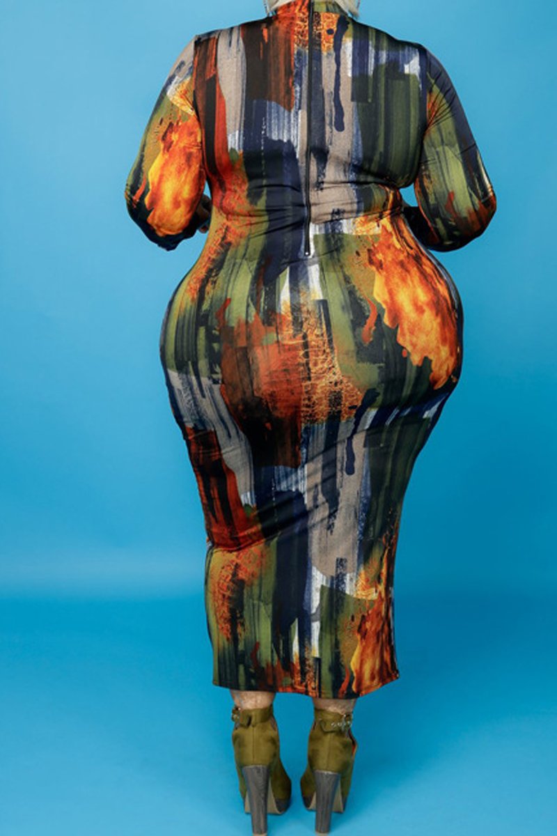 Plus Size Digital Print Long Sleeve Bodycon Dress