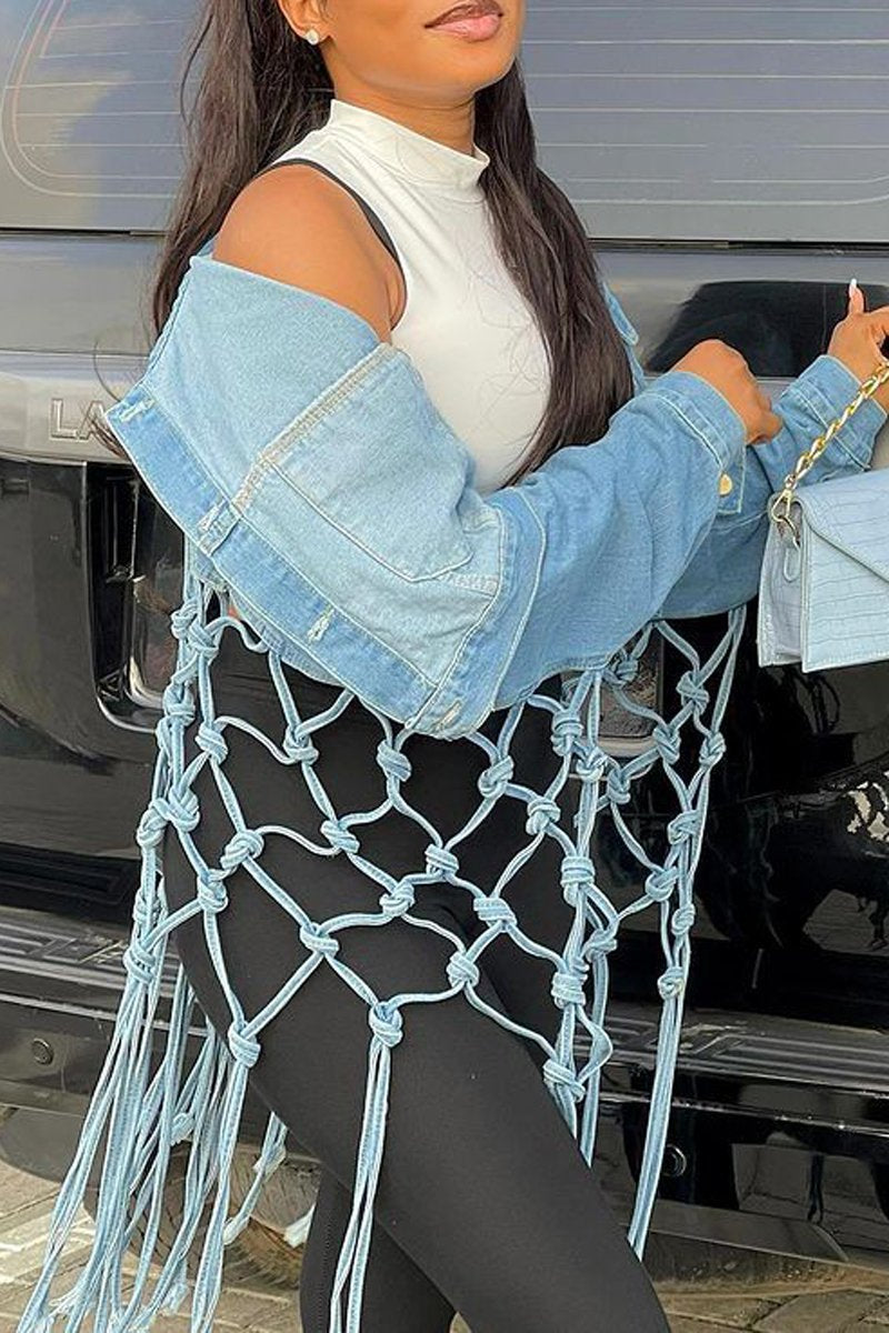 Plus Size Denim Pierced Lapel Short Woven Coat