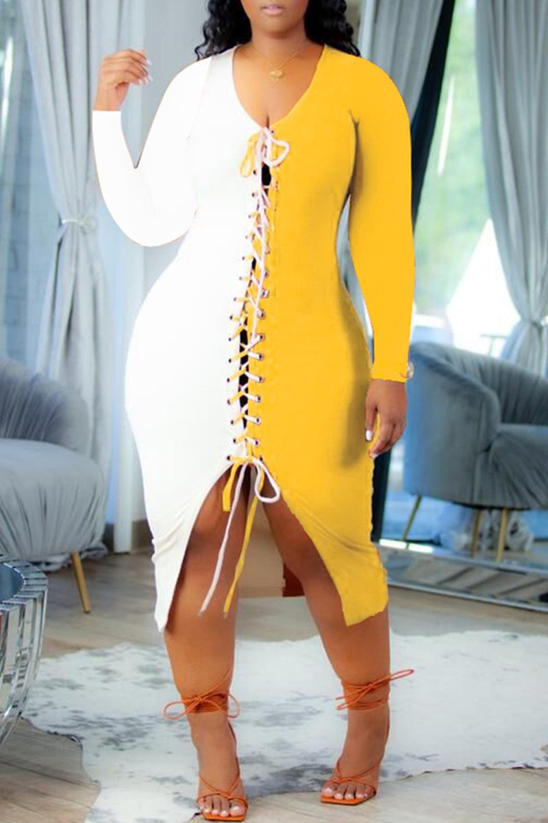 Plus Size Bandage Color Patchwork Irregular Maxi Dress