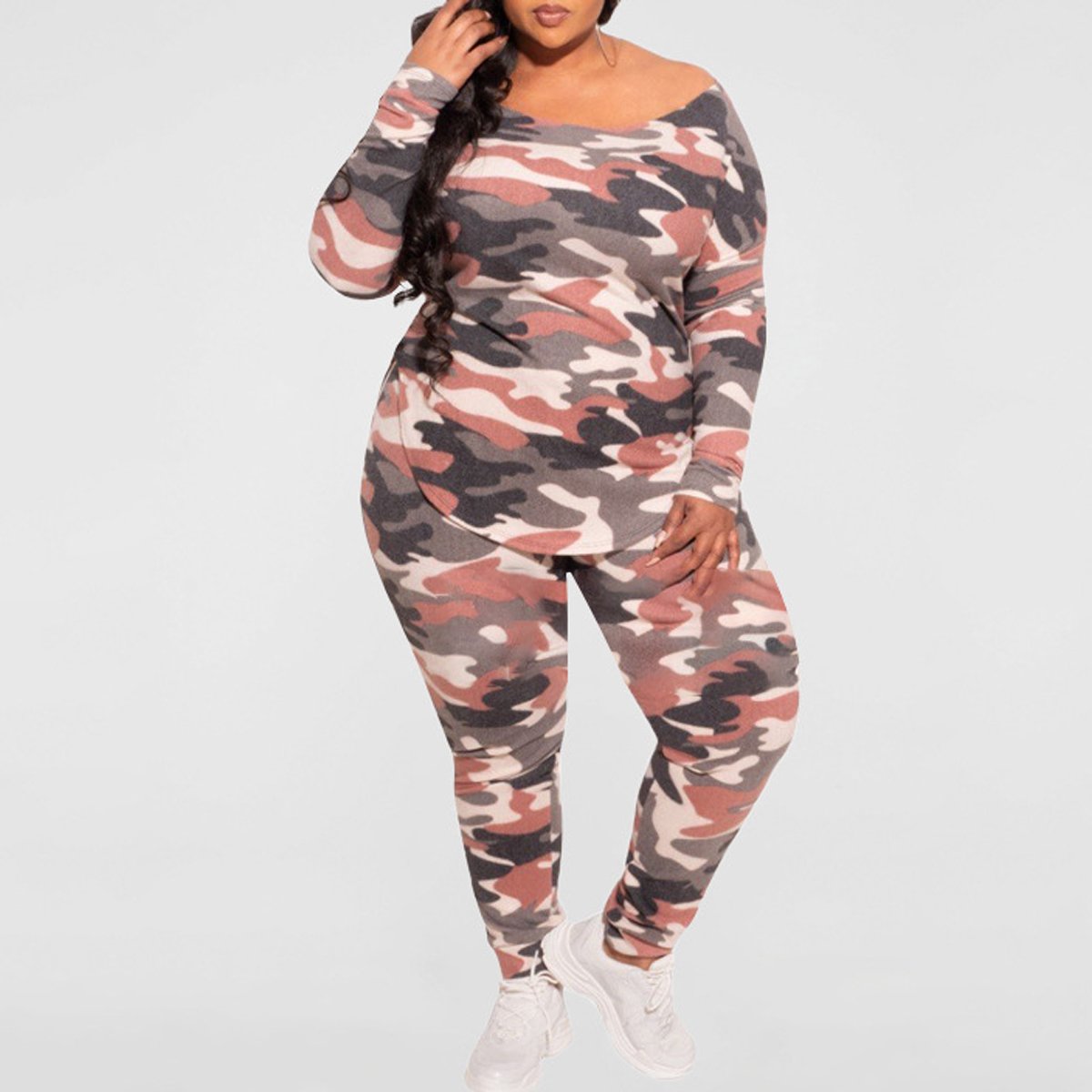 Plus Size Camouflage Print Irregular Two Piece Sets