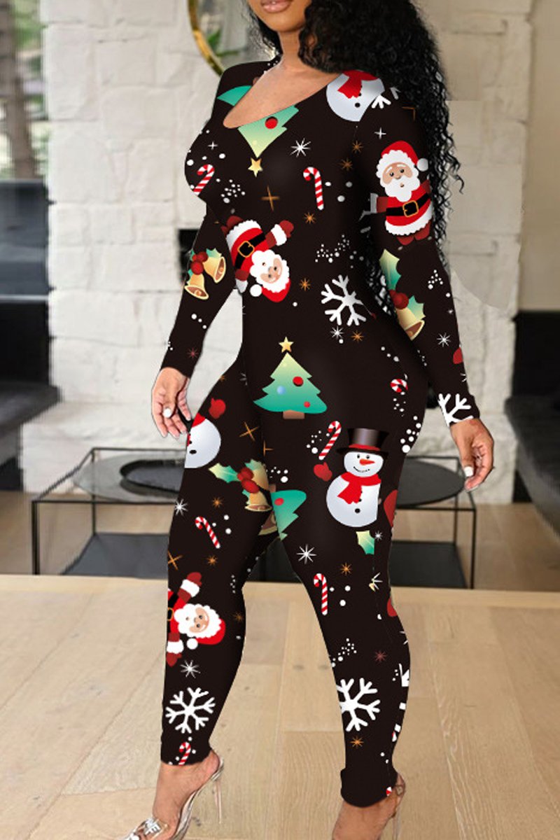 Plus Size Christmas Print Bandage Casual Jumpsuit