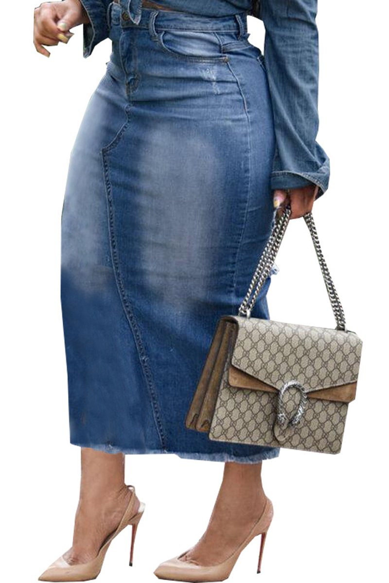 Plus Size Denim High Waist Back Slit Skirt
