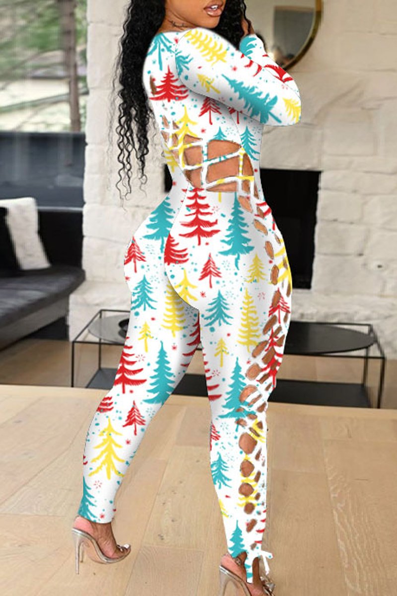 Plus Size Christmas Print Bandage Casual Jumpsuit