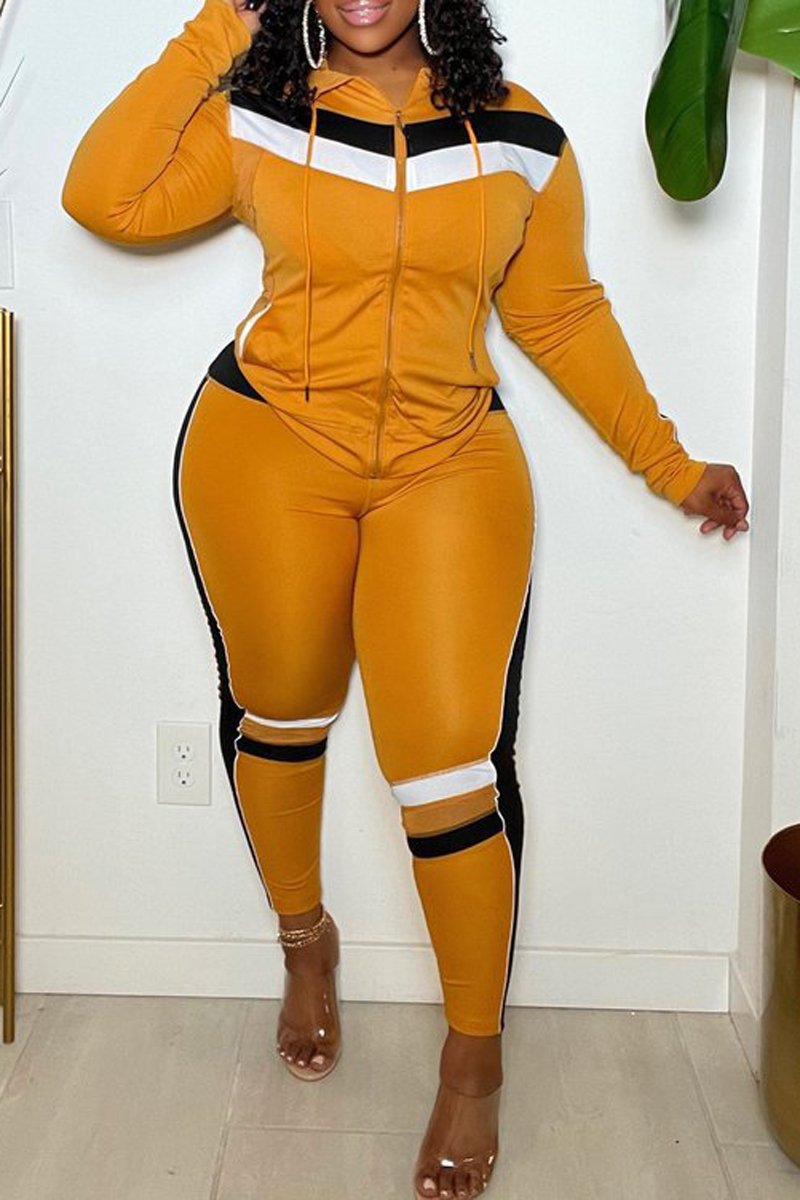 Plus Size Color Patchwork Zipper Three Piece Sets